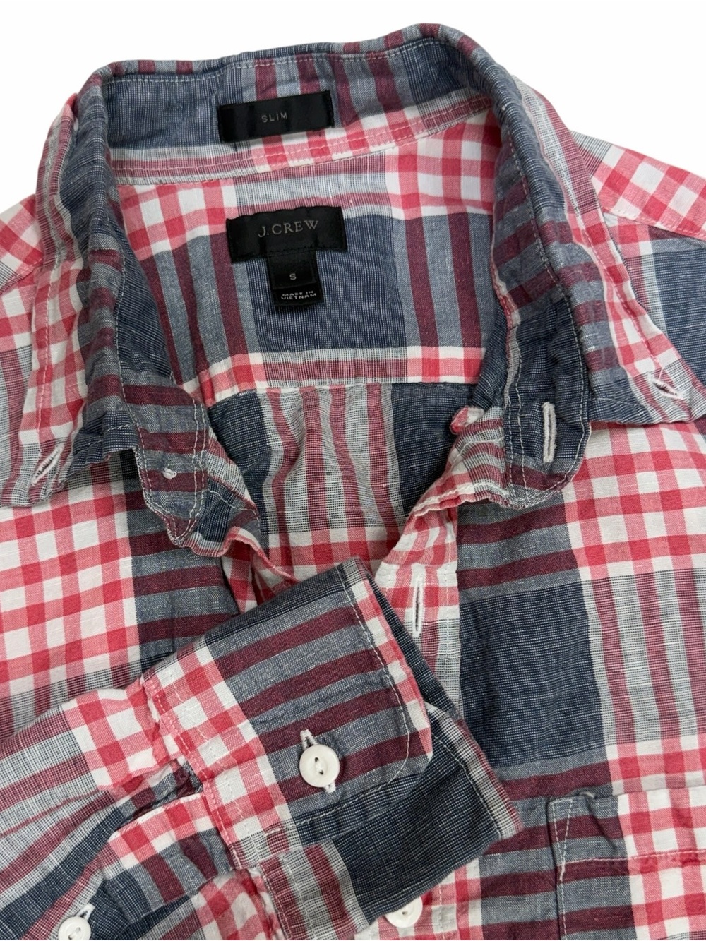 J Crew Baird McNutt Linen Shirt Mens Small Blue Irish Plaid Slim Fit Button Down